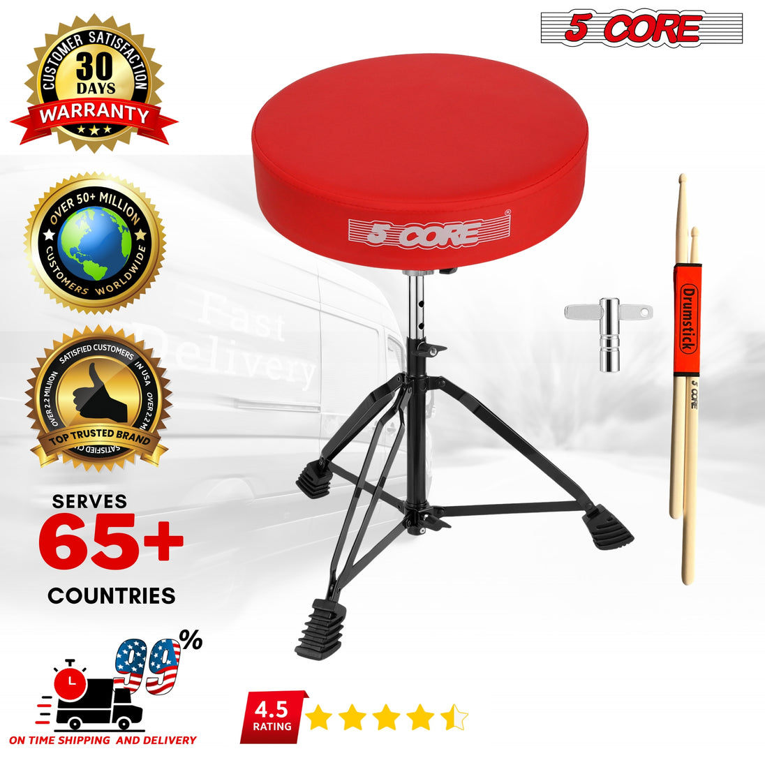 5Core Drum Throne Padded Guitar Stool Adjustable Drummer Seat for Adults & Kids RED