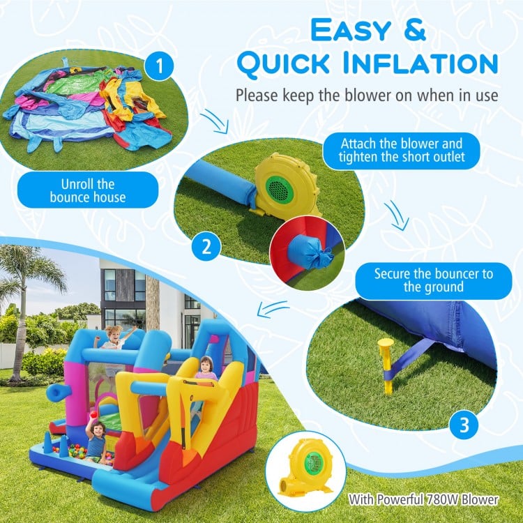 Inflatable Bounce House 8-in-1 Excavator Themed Kids Bouncer with 780W Blower