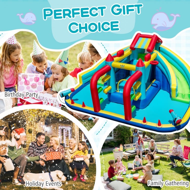 Inflatable Double Water Slide Park with Obstacle Course and 735W Blower