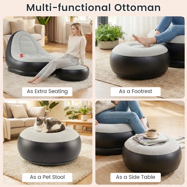 Inflatable Lounge Sofa with Ottoman Portable Air Sofa for Adults with Flocked Surface-Grey