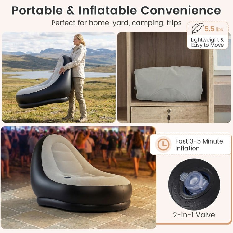 Inflatable Lounge Sofa with Ottoman Portable Air Sofa for Adults with Flocked Surface-Grey