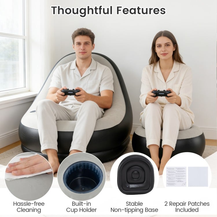 Inflatable Lounge Sofa with Ottoman Portable Air Sofa for Adults with Flocked Surface-Grey