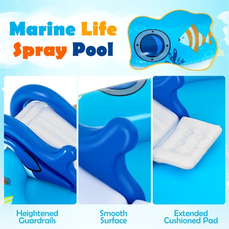 Inflatable Play Center Marine Life Spray Pool with Shark-shaped Slide Lighthouse Sprinkle