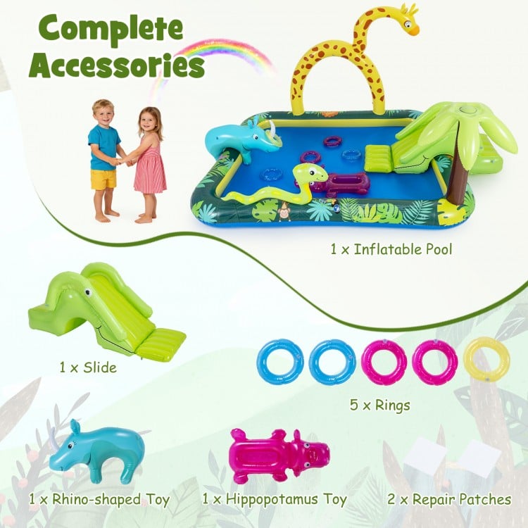 Inflatable Play Center Jungle Animal Spray Pool with Slide Giraffe-shaped Sprinkle