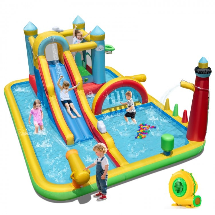 Inflatable Water Slide Giant Water Park with Long Slide, 750W Blower