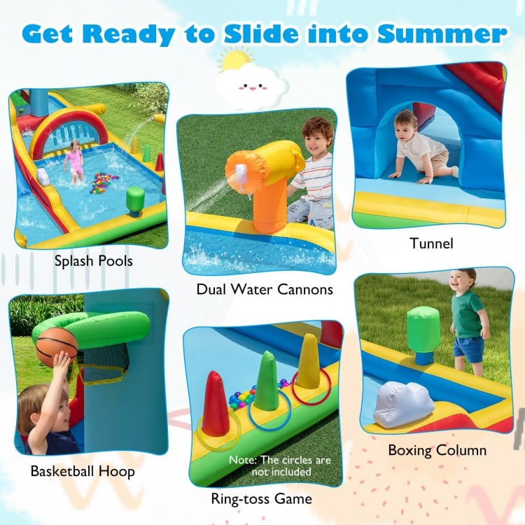 Inflatable Water Slide Giant Water Park with Long Slide, 750W Blower