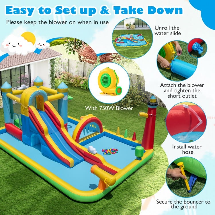 Inflatable Water Slide Giant Water Park with Long Slide, 750W Blower
