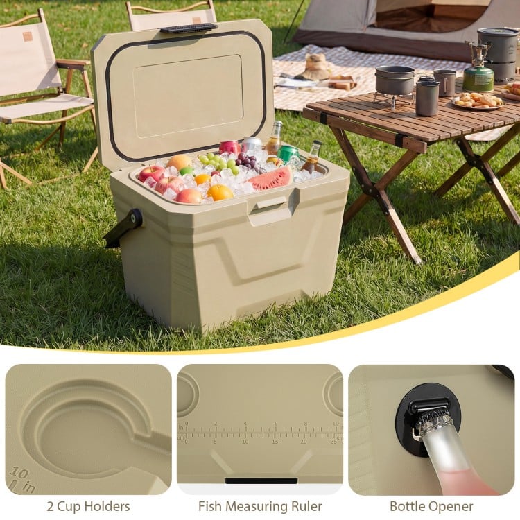 Insulated Portable Cooler Hard Shell Ice Chest with 2 Cup Holders-Sand Color