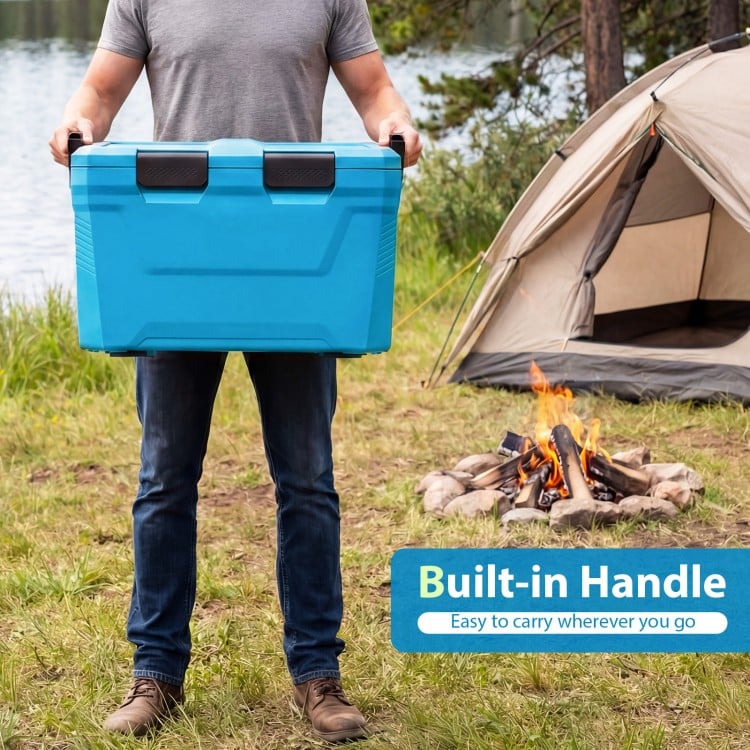 Insulated Portable Cooler Hard Shell Ice Chest with 2 Cup Holders Bottle Opener and Drain Plug-Blue