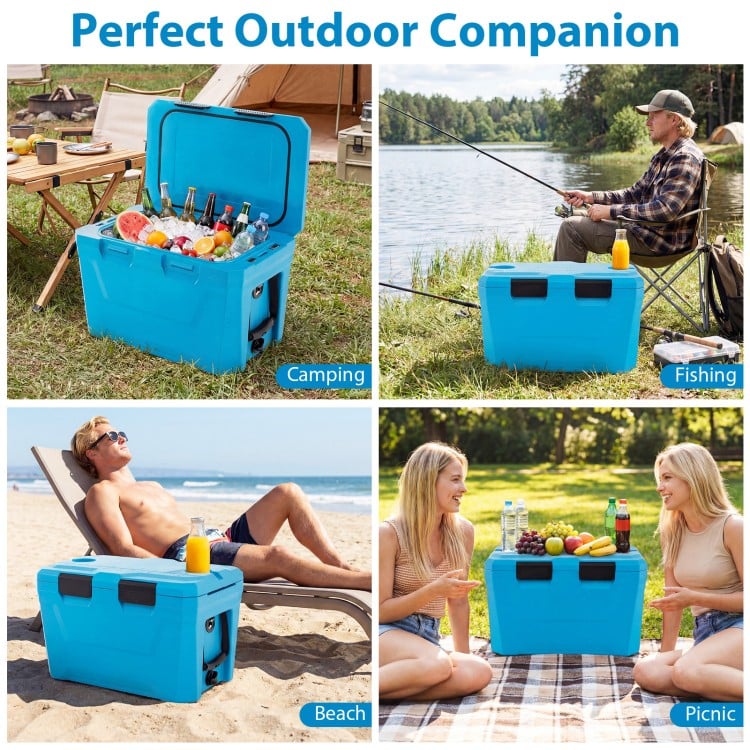 Insulated Portable Cooler Hard Shell Ice Chest with 2 Cup Holders Bottle Opener and Drain Plug-Blue