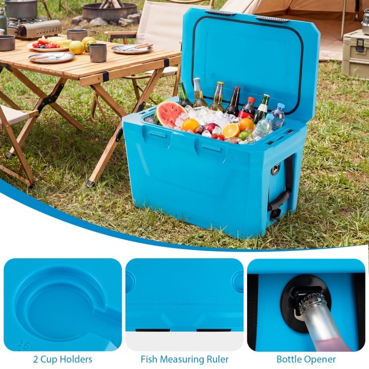 Insulated Portable Cooler Hard Shell Ice Chest with 2 Cup Holders Bottle Opener and Drain Plug-Blue