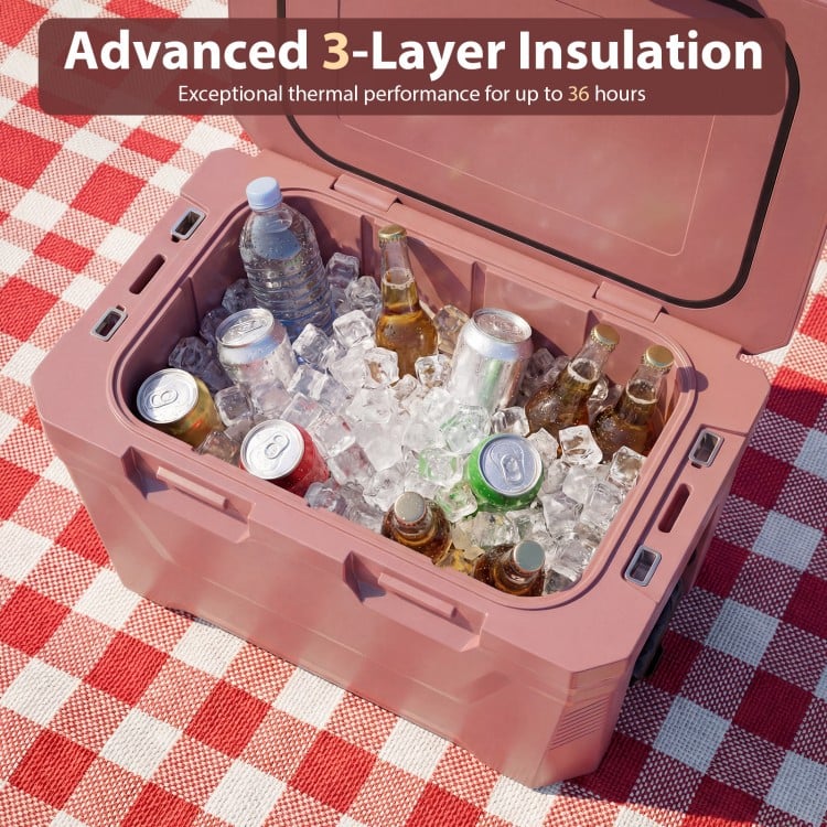 Insulated Portable Cooler Hard Shell Ice Chest with 2 Cup Holders Bottle Opener and Drain Plug-Pink