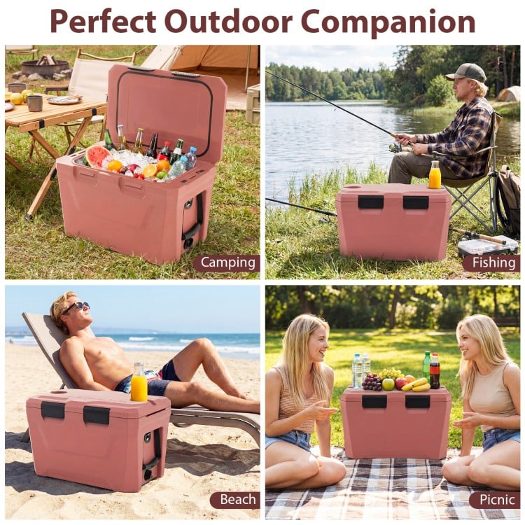 Insulated Portable Cooler Hard Shell Ice Chest with 2 Cup Holders Bottle Opener and Drain Plug-Pink