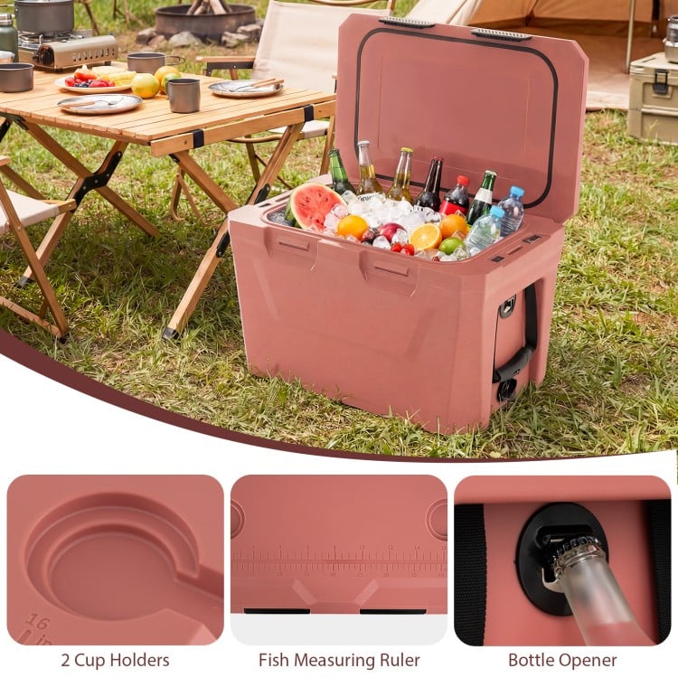 Insulated Portable Cooler Hard Shell Ice Chest with 2 Cup Holders Bottle Opener and Drain Plug-Pink