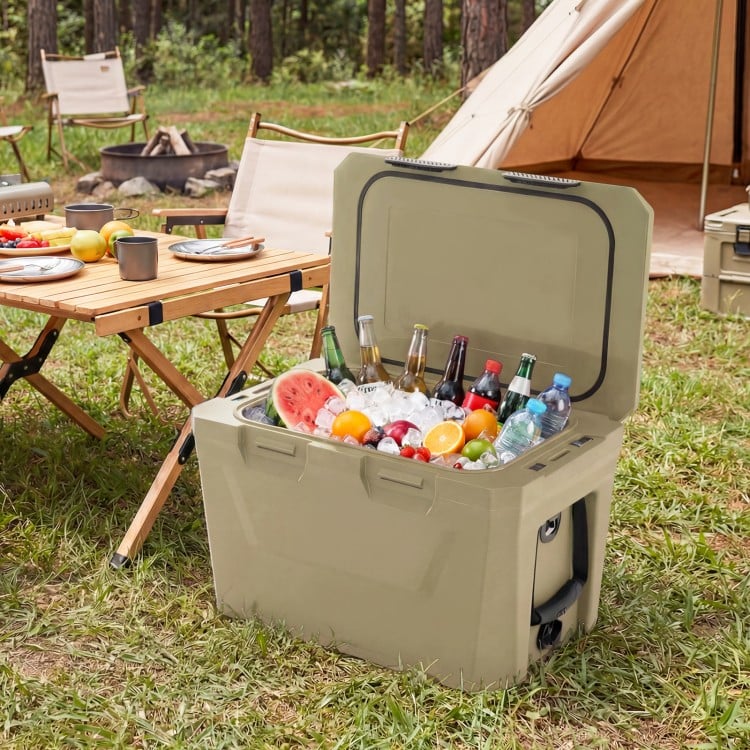Insulated Portable Cooler Hard Shell Ice Chest with 2 Cup Holders Bottle Opener and Drain Plug-Sand Color