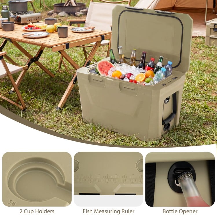 Insulated Portable Cooler Hard Shell Ice Chest with 2 Cup Holders Bottle Opener and Drain Plug-Sand Color