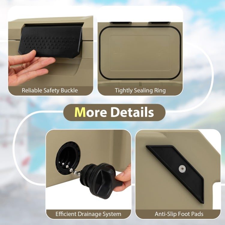 Insulated Portable Cooler Hard Shell Ice Chest with 2 Cup Holders Bottle Opener and Drain Plug-Sand Color