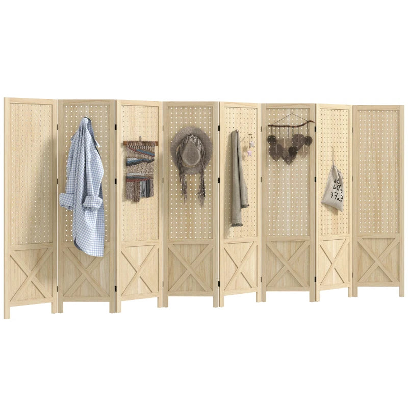 Wooden Room Divider with Pegboard Display, 8 Panel Folding Privacy Screen for Home Office, Natural Wood