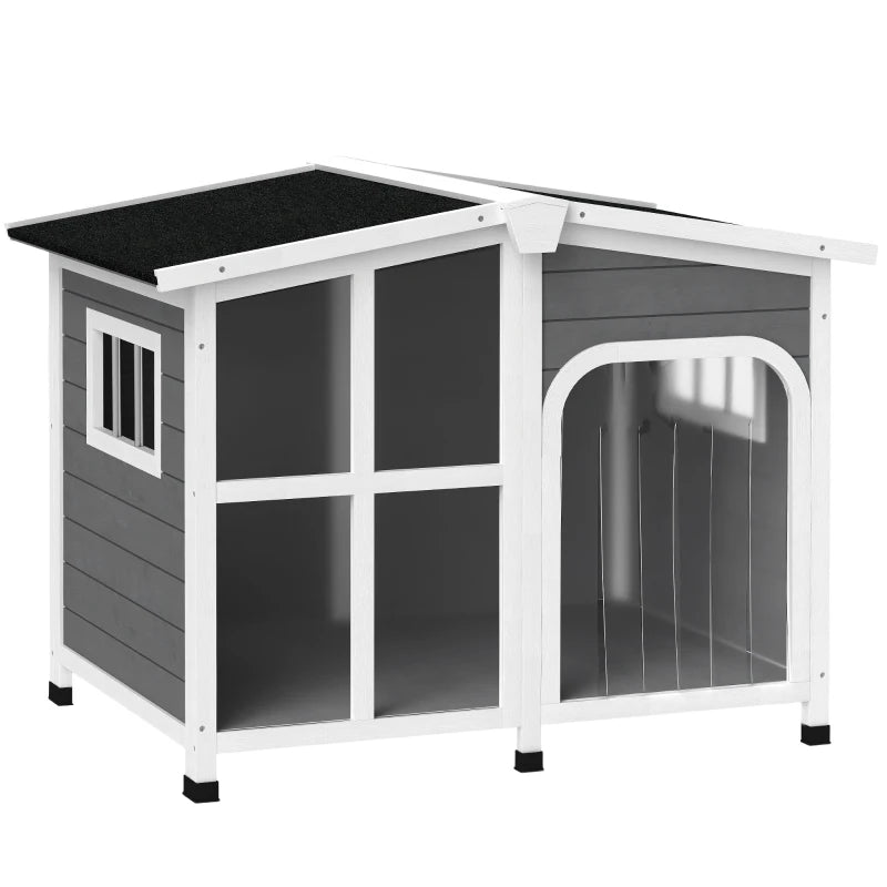Wooden Dog House, Raised Pet Kennel with Removable Bottom, Openable Asphalt Roof, Door Curtain, Side Windows, Dark Grey