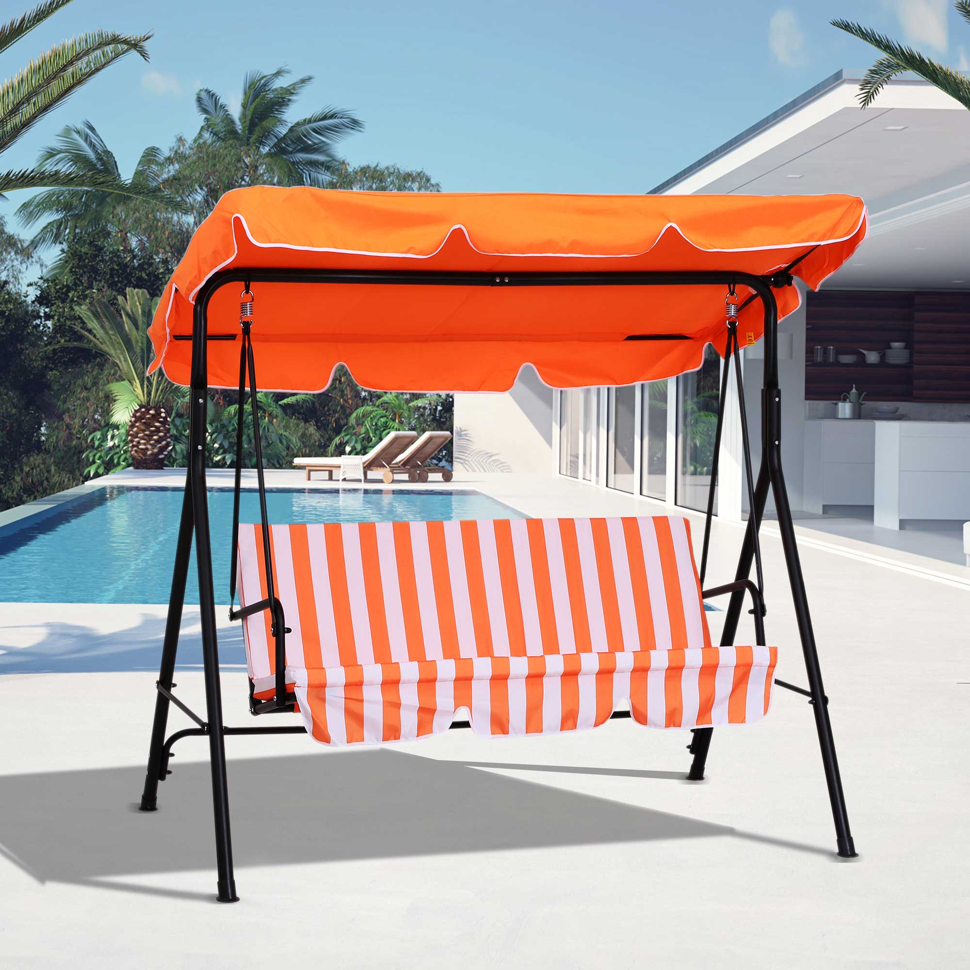 Outsunny Luxurious Lounging: Metal 3-Seater Outdoor Swing Chair with Cushions, Canopy, and Frame for Garden, Patio, Orange and White 