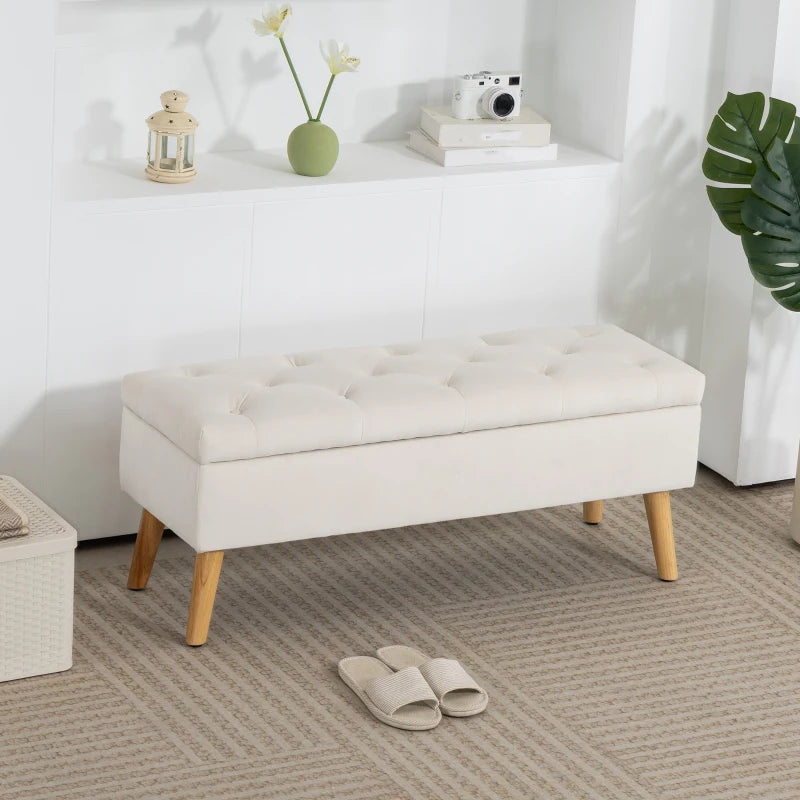 Storage Ottoman with Lid, Velvet Upholstered Storage Bench with Wood Legs for Living Room, Cream White