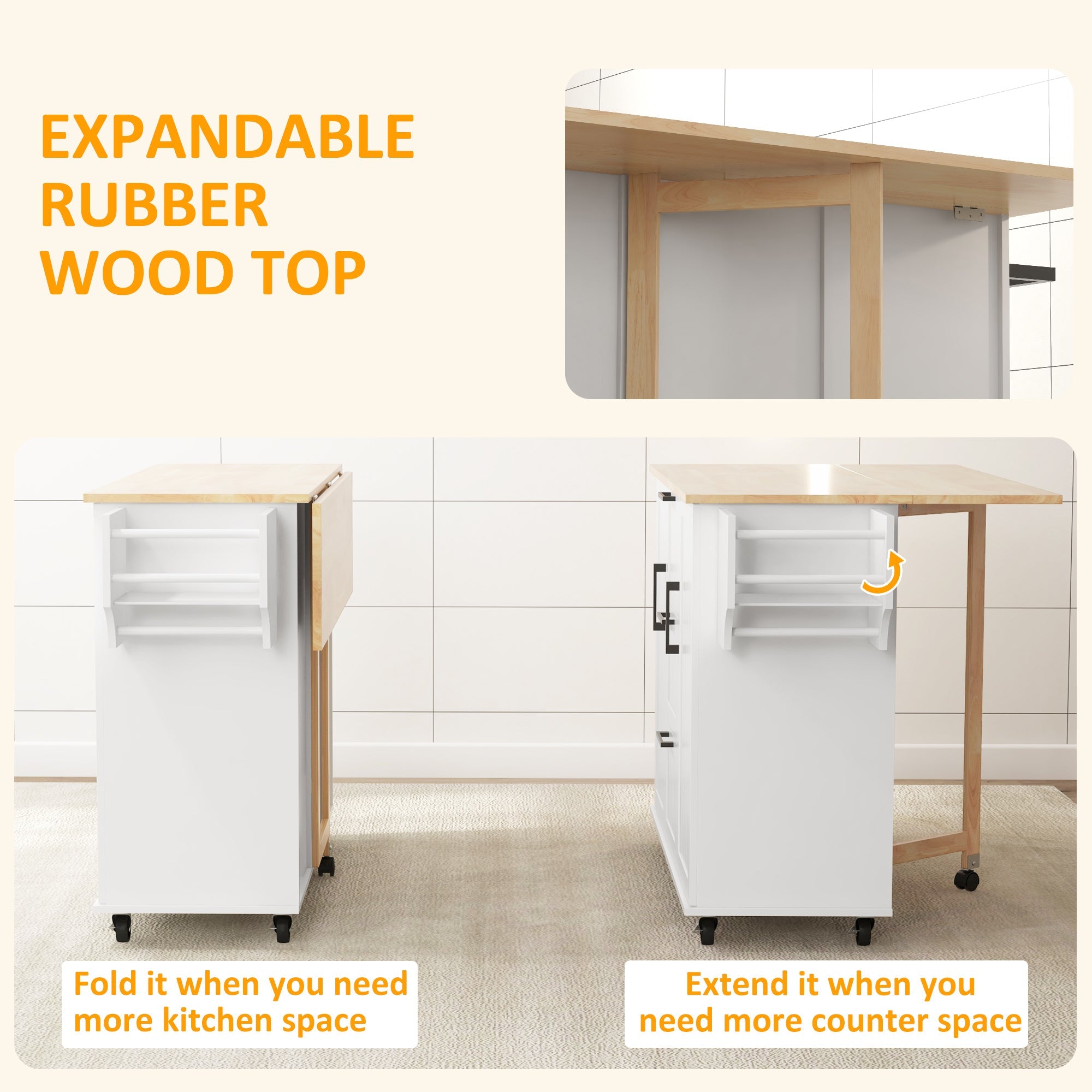 HOMCOM Kitchen Island Cart: On Wheels, Drop Leaf, 3 Drawers, Cabinets, Natural Wood Top, White 