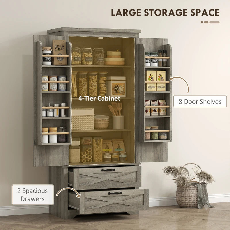 Farmhouse Kitchen Pantry Storage Cabinet, 64" Freestanding Kitchen Pantry Cabinet with Drawers, Distressed Grey