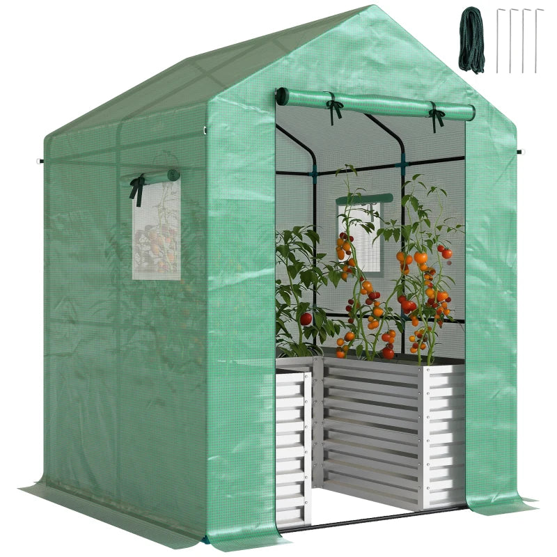 Greenhouse with Raised Garden Bed, Galvanized Metal Planter Box with PE Cover, Roll Up Door, 56" x 56" x 75", Green