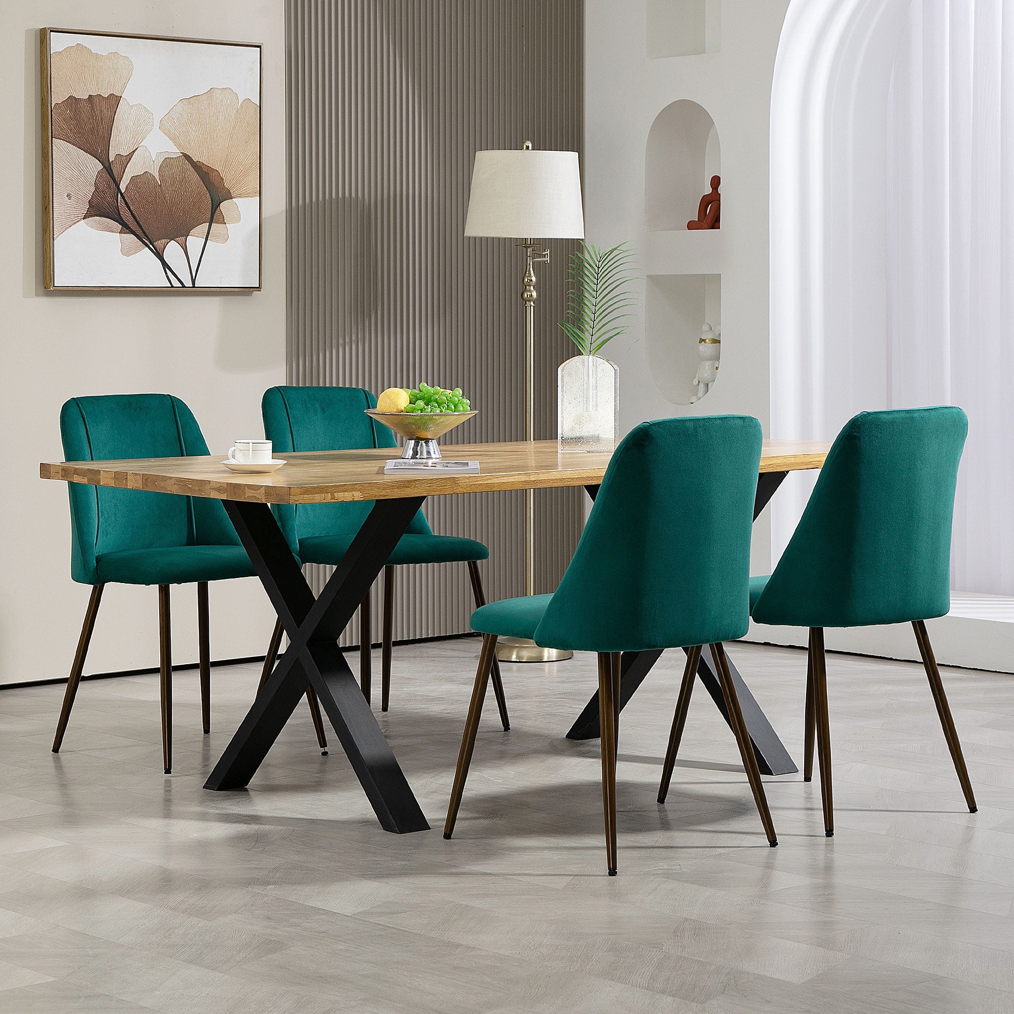 HOMCOM Set of 4 Upholstered Velvet Accent Dining Chairs with Back Wood-grain Steel Legs for Kitchen 