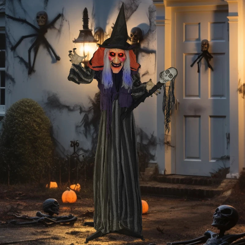 Outsunny Animatronic Standing Witch – Voice-Activated Halloween Prop with Skull Staff & Flashing Eyes 