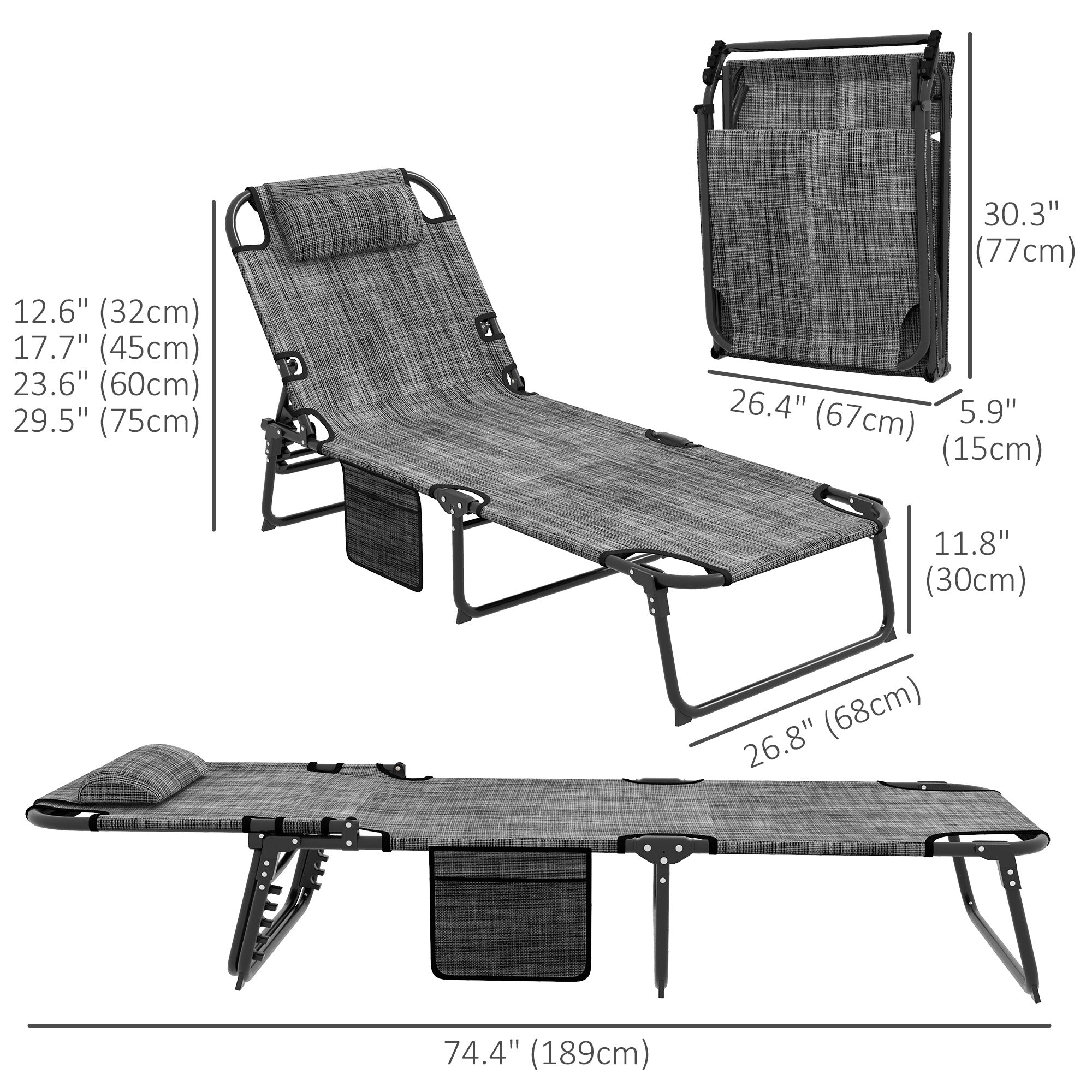 Outsunny Mesh Relaxation: Folding Lounge Chair with Reclining Back, Cushioned Breathable Fabric, Side Pocket, and Headrest, Grey 