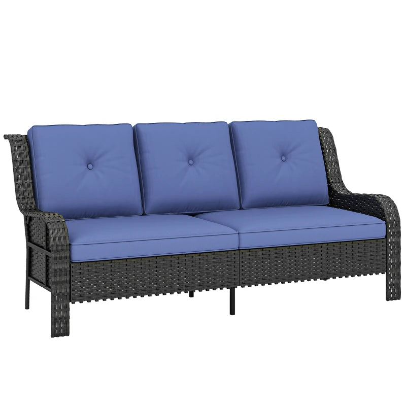 Wicker Patio Sofa with Cushions, 3 Seater Rattan Outdoor Couch for Patio, Garden, Porch, Backyard, Deep Blue