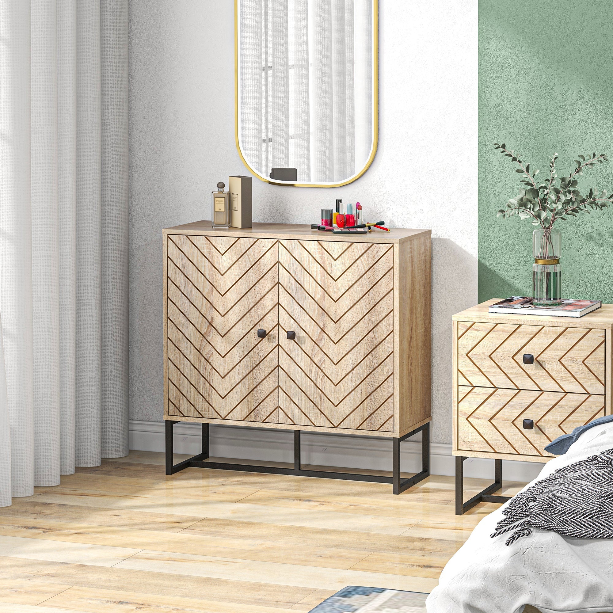 HOMCOM Mid-Century Sideboard: Storage Cabinet with Dining Buffet Table, Adjustable Shelf, Metal Base, Natural Finish 