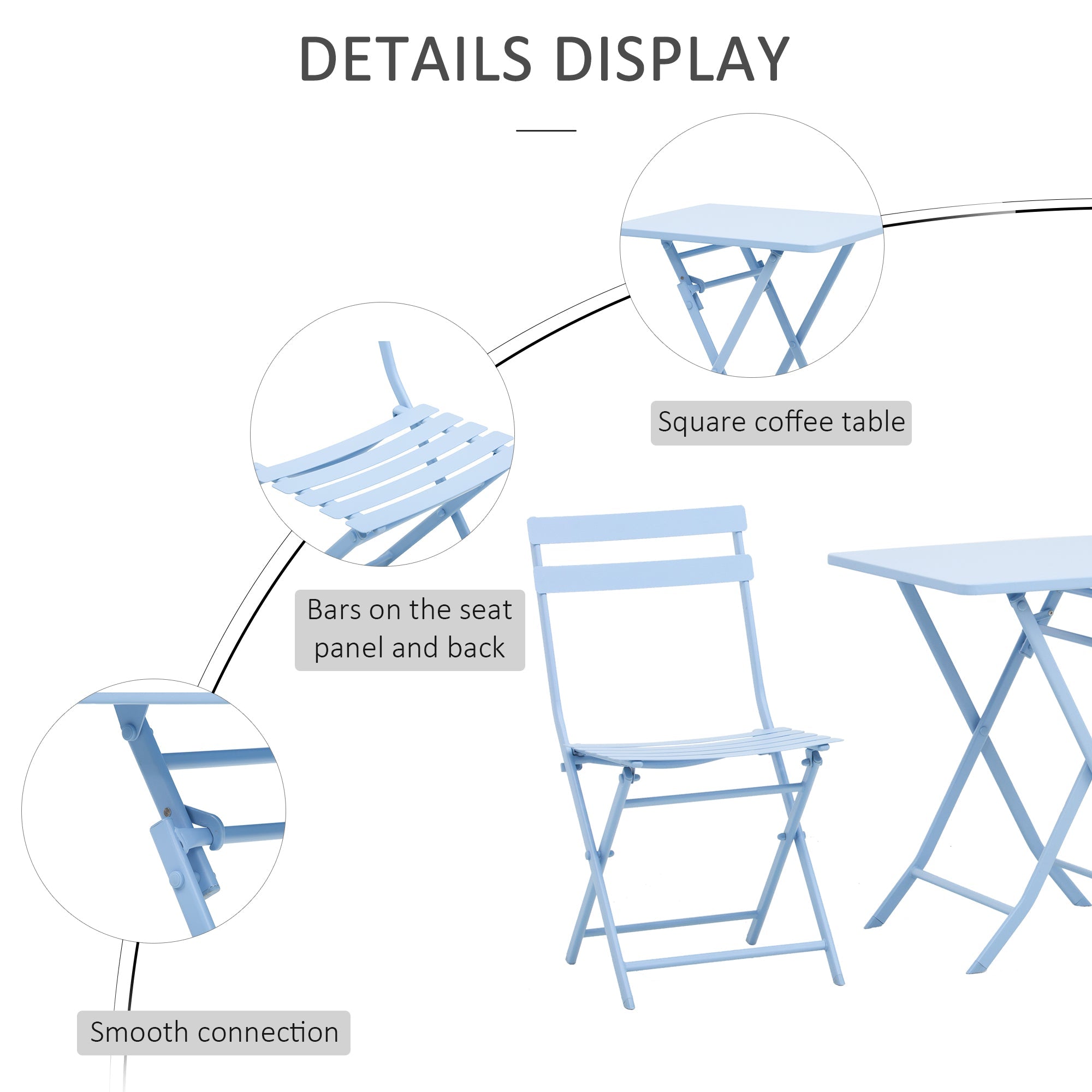 Outsunny 3 Pieces Garden Bistro Coffee Set Foldable Patio Chair & Square Table for Outdoor Yard Porch Poolside Balcony Blue 