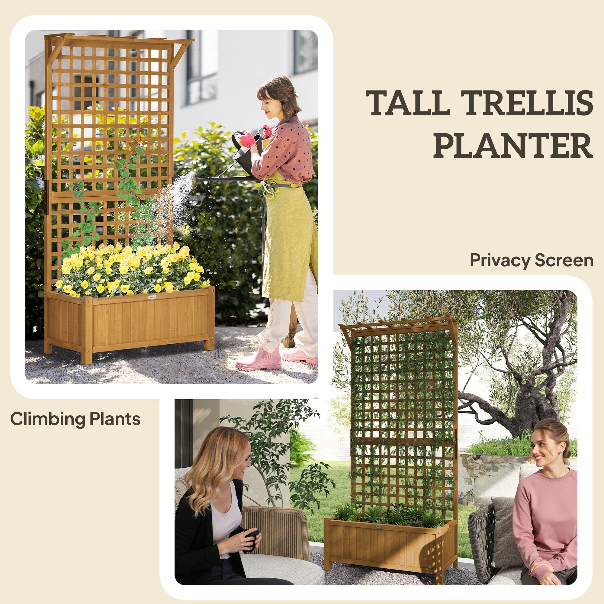 Outsunny Wood Planter with Trellis for Vine Climbing, Raised Garden Bed, Privacy Screen for Backyard, Patio, Deck, Yellow 