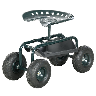 Outsunny Garden Cart with Seat on Wheels Tool Tray 360° Swivel Height Adjustable for Patio Yard 