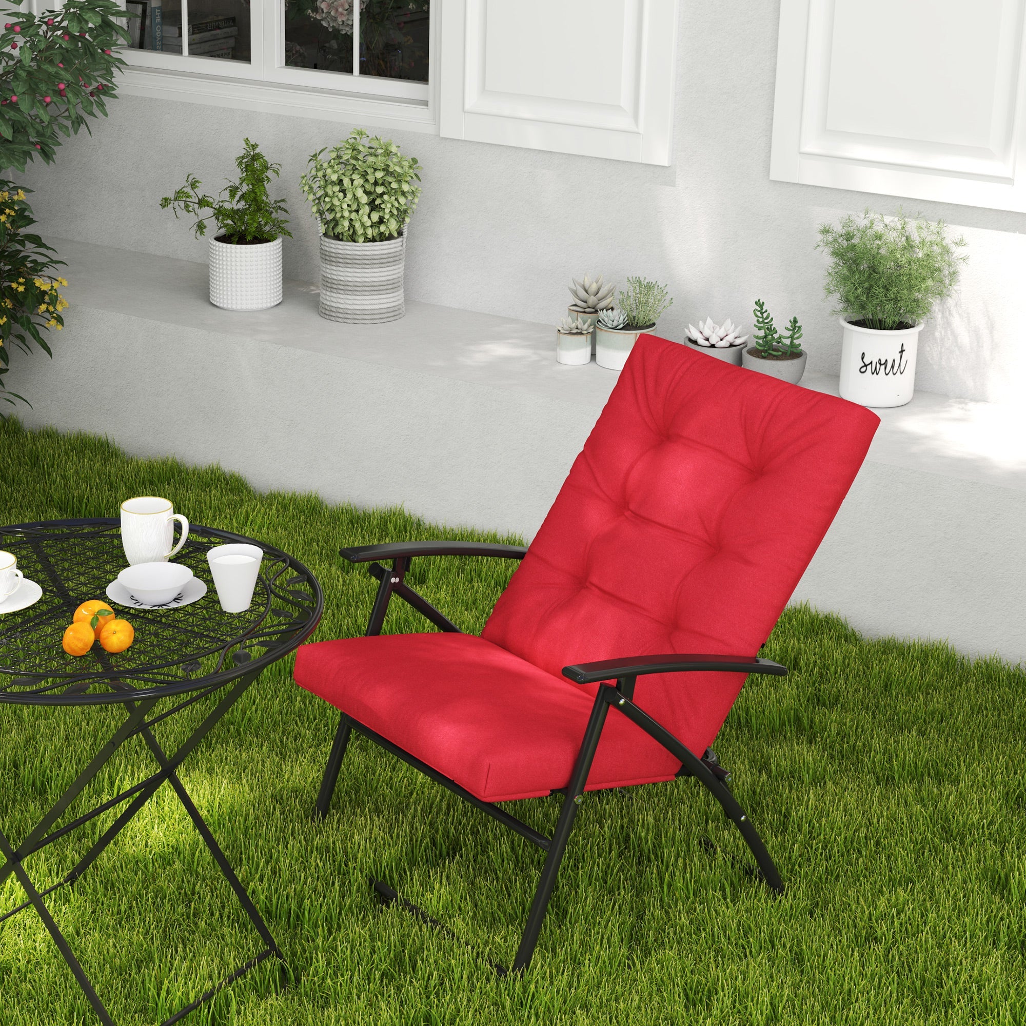 Outsunny Foldable Lounge Chair, Fabric Upholstered Recliner, Outdoor Lounger with Armrest, Metal Frame for Backyard, Red 
