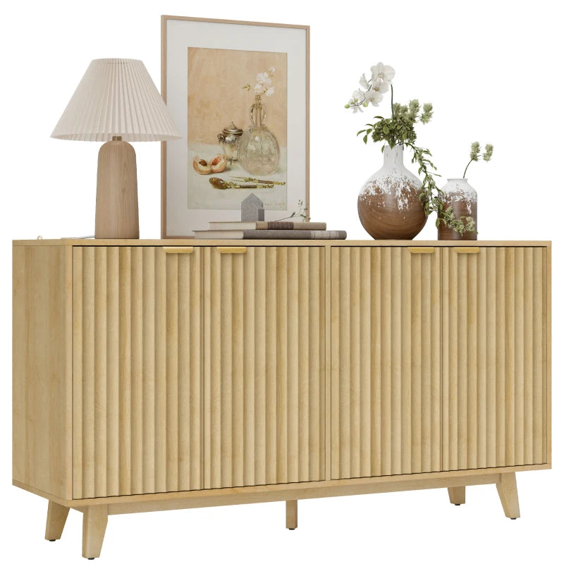 Fluted Sideboard Buffet Cabinet, 55" Coffee Bar Cabinet with 4 Doors, 2 Adjustable Shelves, 5 Wood Legs, Nature Wood