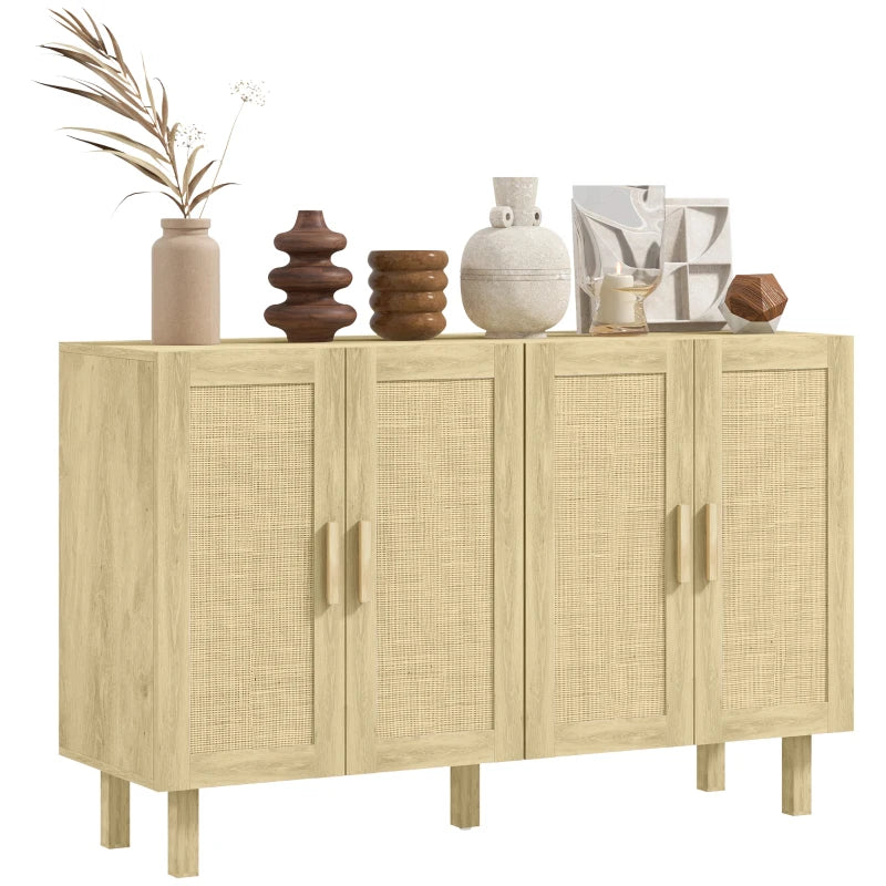 Boho Sideboard Buffet Cabinet, Storage Cabinet with 4 Rattan Doors and Adjustable Shelves, Natural