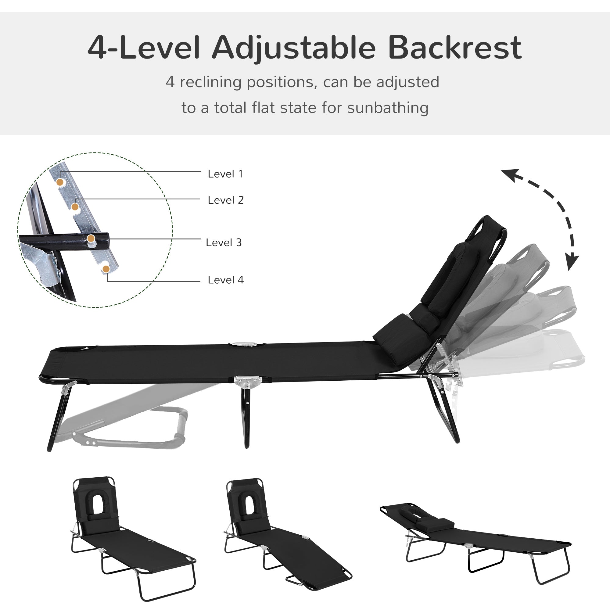 Outsunny Adjustable Garden Sun Lounger w/ Reading Hole Outdoor Reclining Seat Folding Camping Beach Lounging Bed Black 