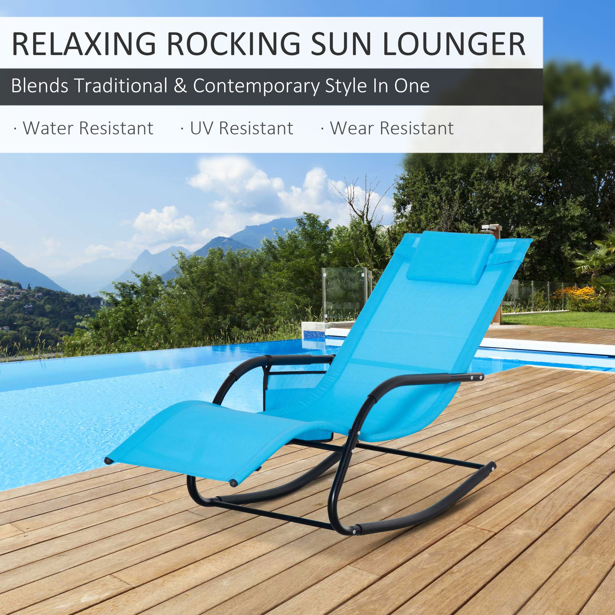 Outsunny Patio Rocking Recliner Chair Sling Fabric Sun Lounger with Headrest Side Pocket for Outdoor Garden Deck Dark Blue 