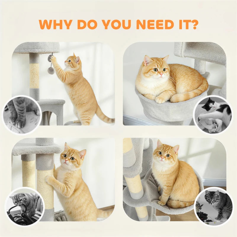 76" Large Cat Tree for Indoor Cats with 8 Scratching Posts, 3 Plush Beds, 2 Hammocks, 2 Large Condos, Ramp, Light Grey