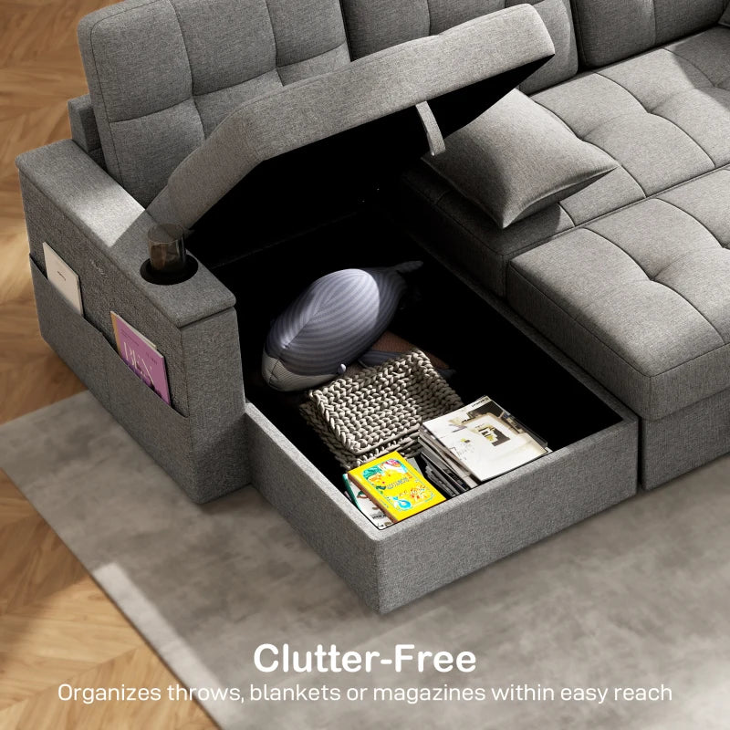 Convertible Sectional Sofa Bed, Pull Out Sleeper Sofa Couch with USB‑A+C, Chaise Storage, L-Shaped Futon Couch, Grey