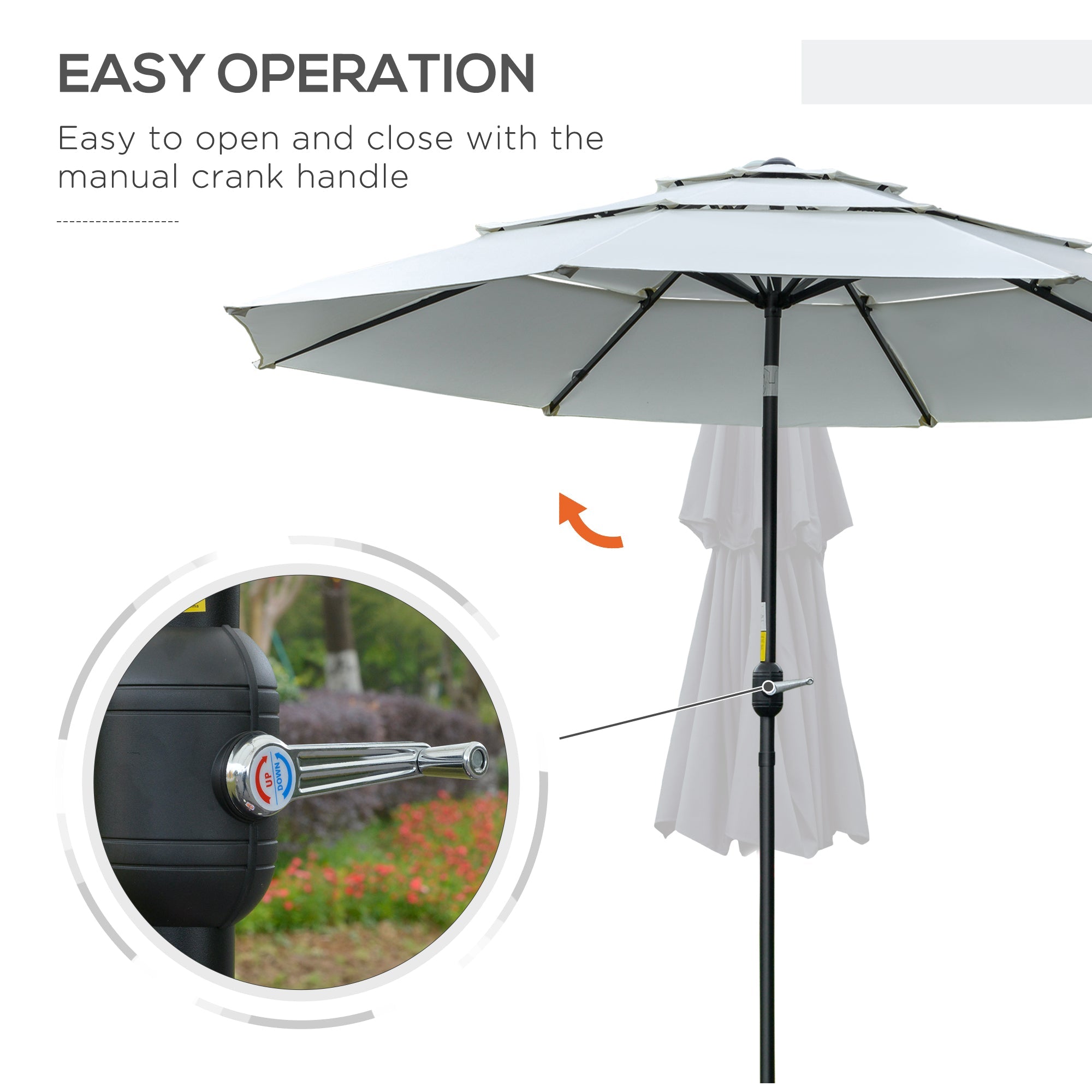 Outsunny 9FT Patio Umbrella 3 Tiers Outdoor Market Umbrella Crank Push Button Tilt for Deck Backyard Lawn Cream White 