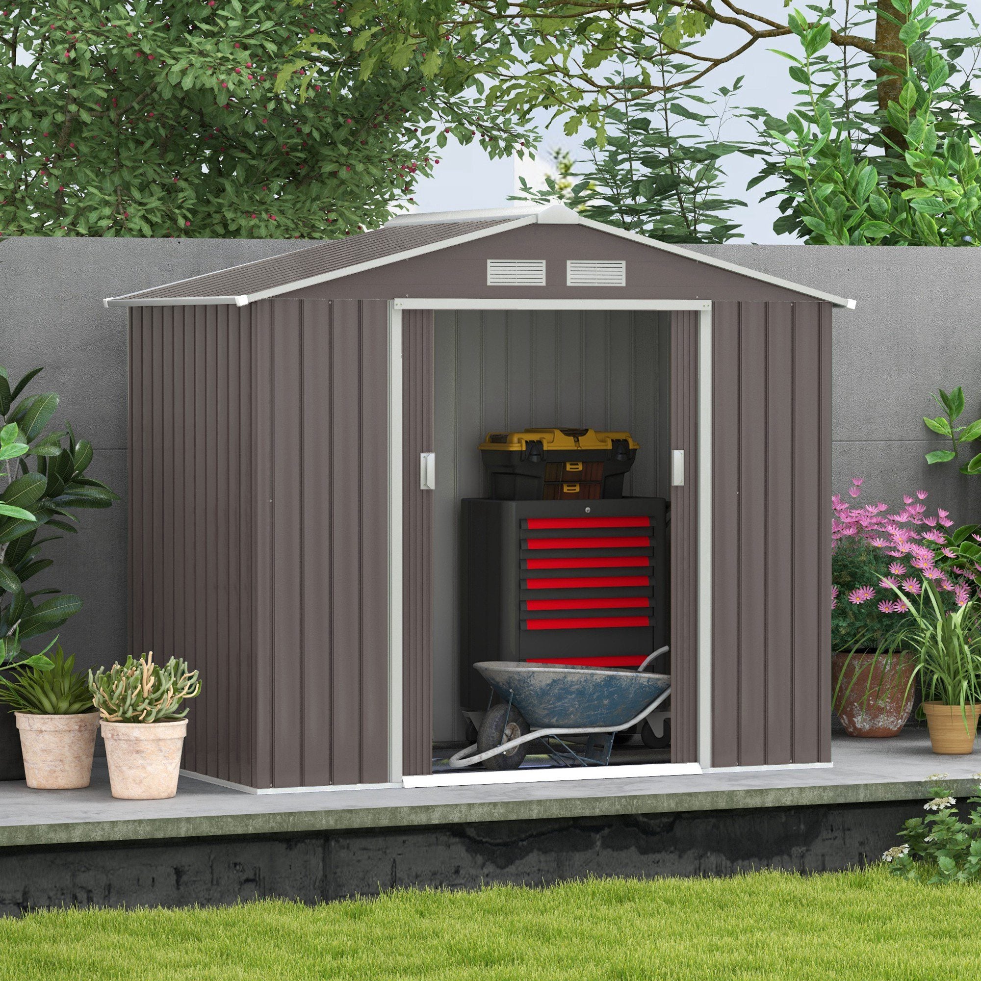 Outsunny Metal Garden Shed 7' x 4' x 6' Outdoor Storage with Foundation Double Doors Grey 