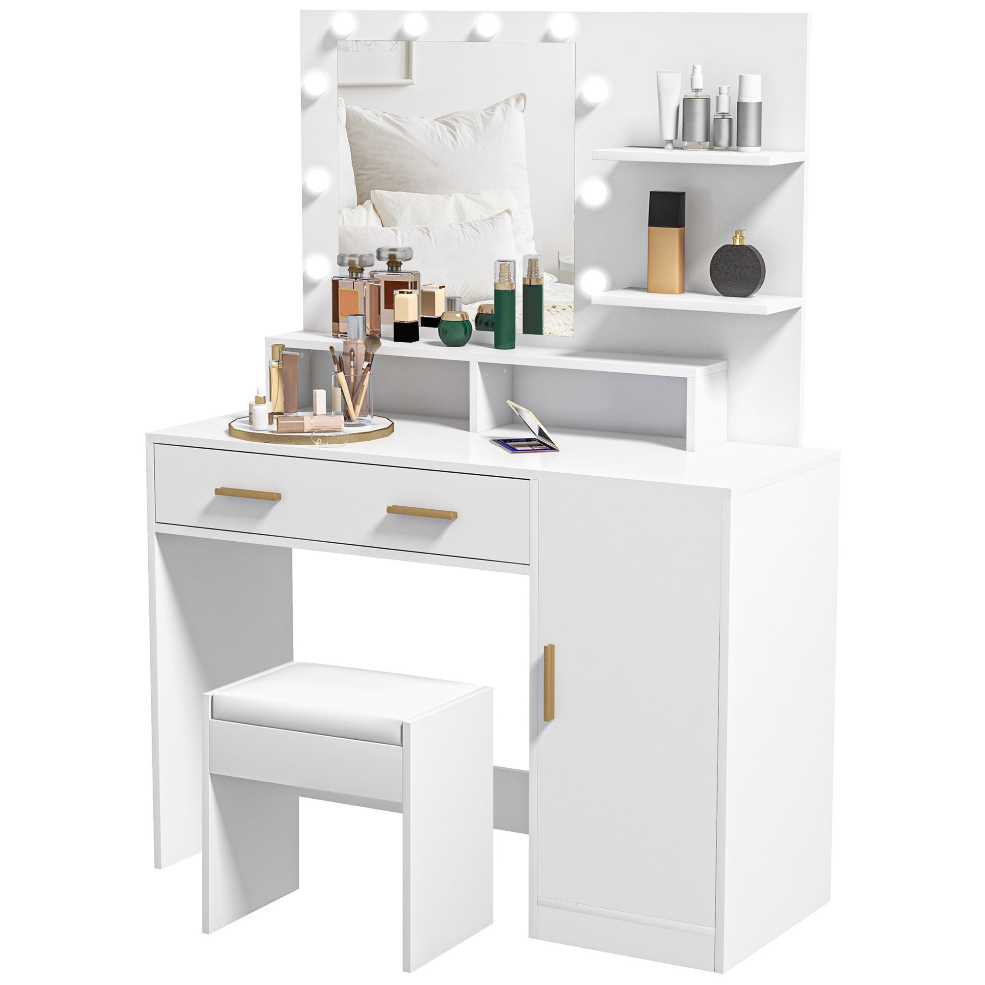 HOMCOM Illuminated Dressing Table Set, LED Vanity Table Set with Stool, LED Mirror, Drawer and Cabinet Shelves for Bedroom 