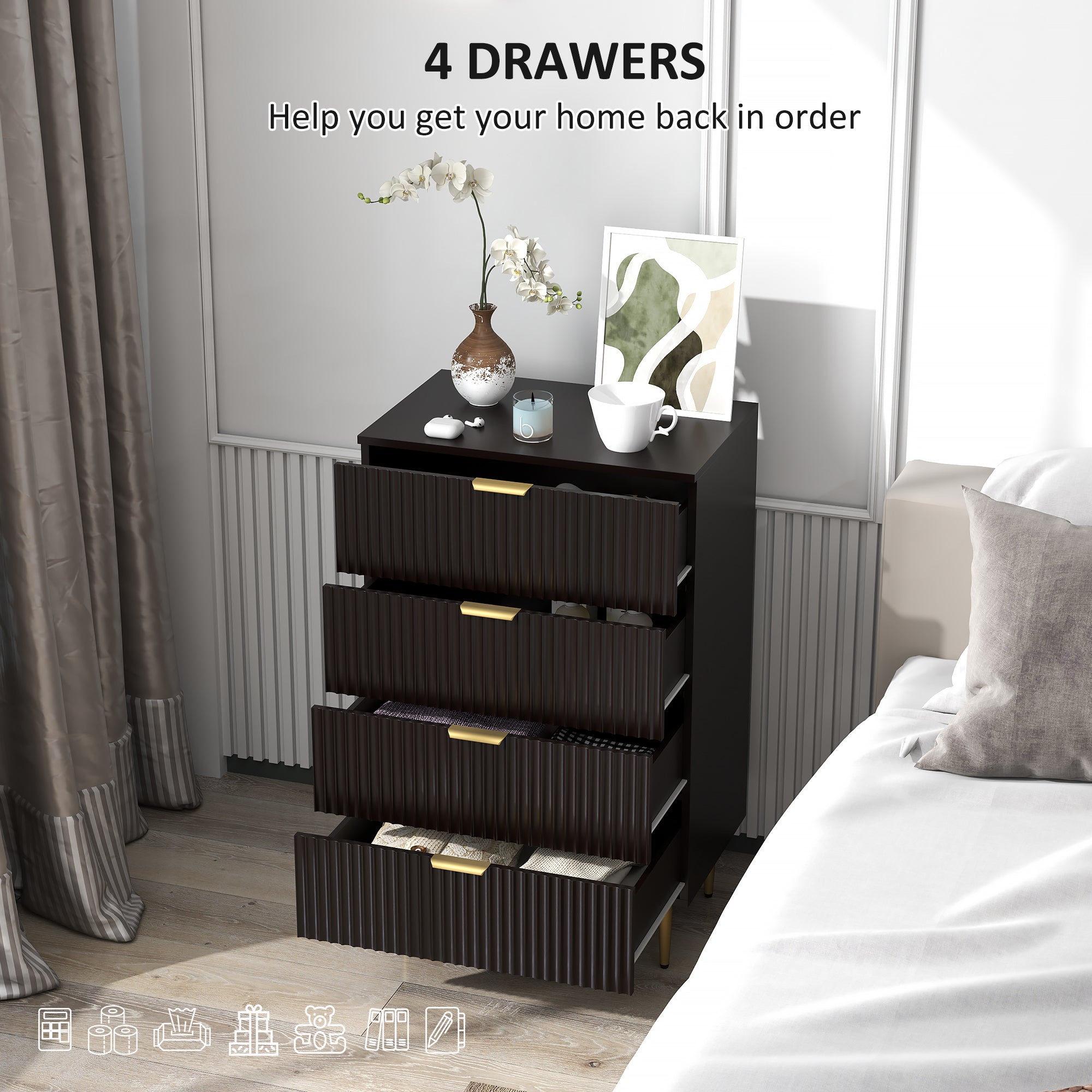 HOMCOM Modern Chest of Drawers 4 Drawer Dresser for Bedroom with Gold Legs and Handles, Black 