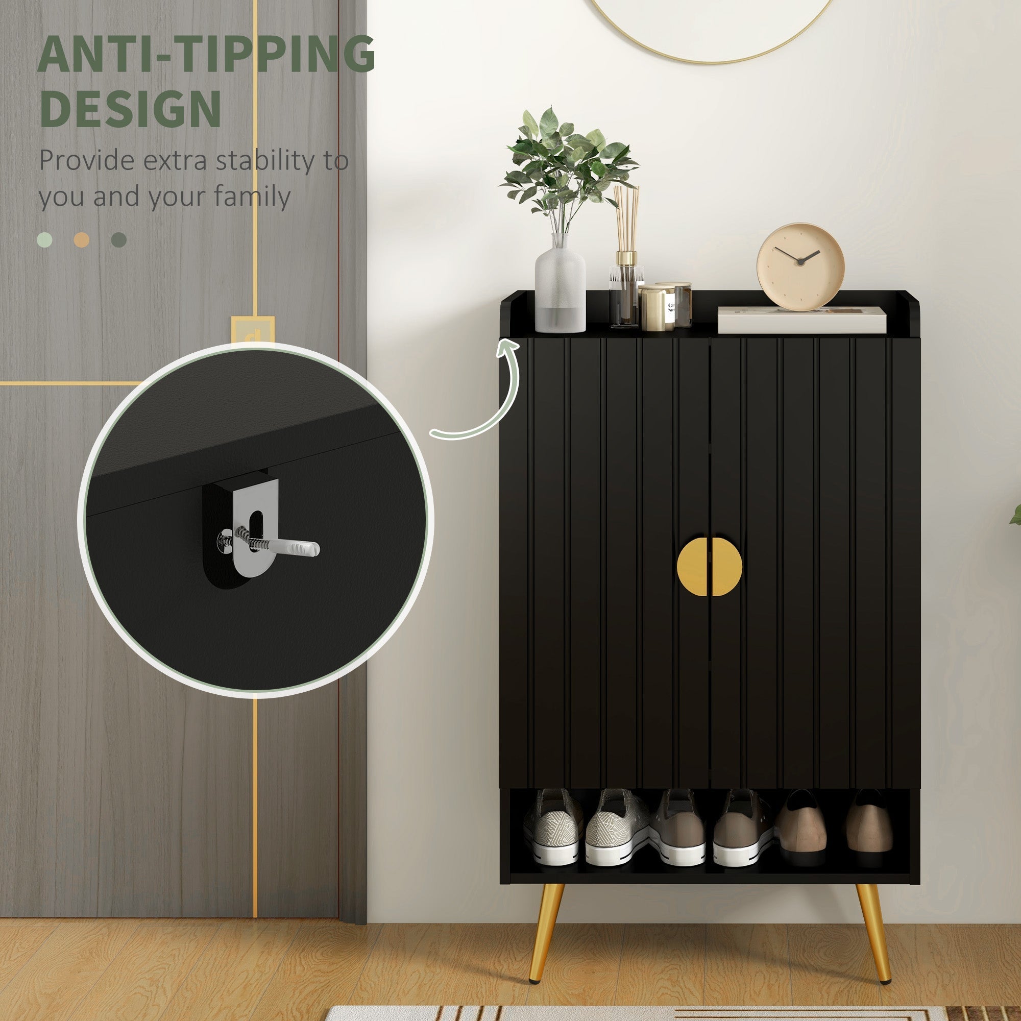 HOMCOM Entryway Narrow Shoe Storage Cabinet with Adjustable Shelves Open Shelf for 15 Pairs Black 