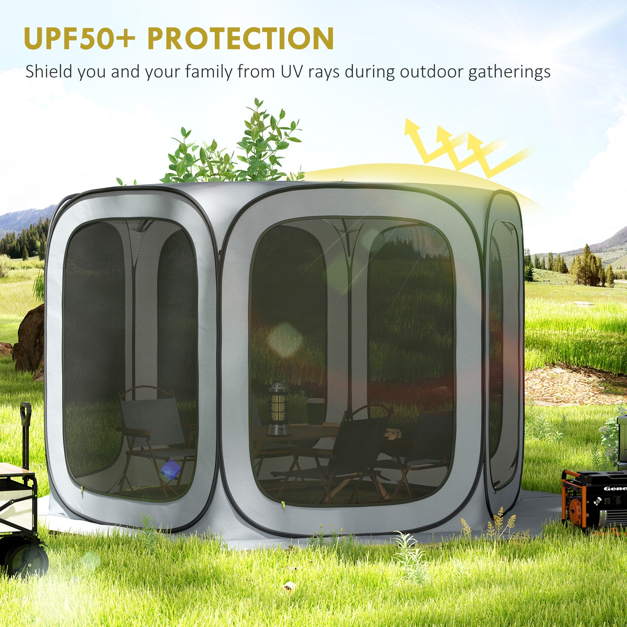 Outsunny 11 x 11ft Screen House, UPF50+ Portable Camping Tent with Bug Net & Carry Bag for Outdoor Leisure, Light Grey 