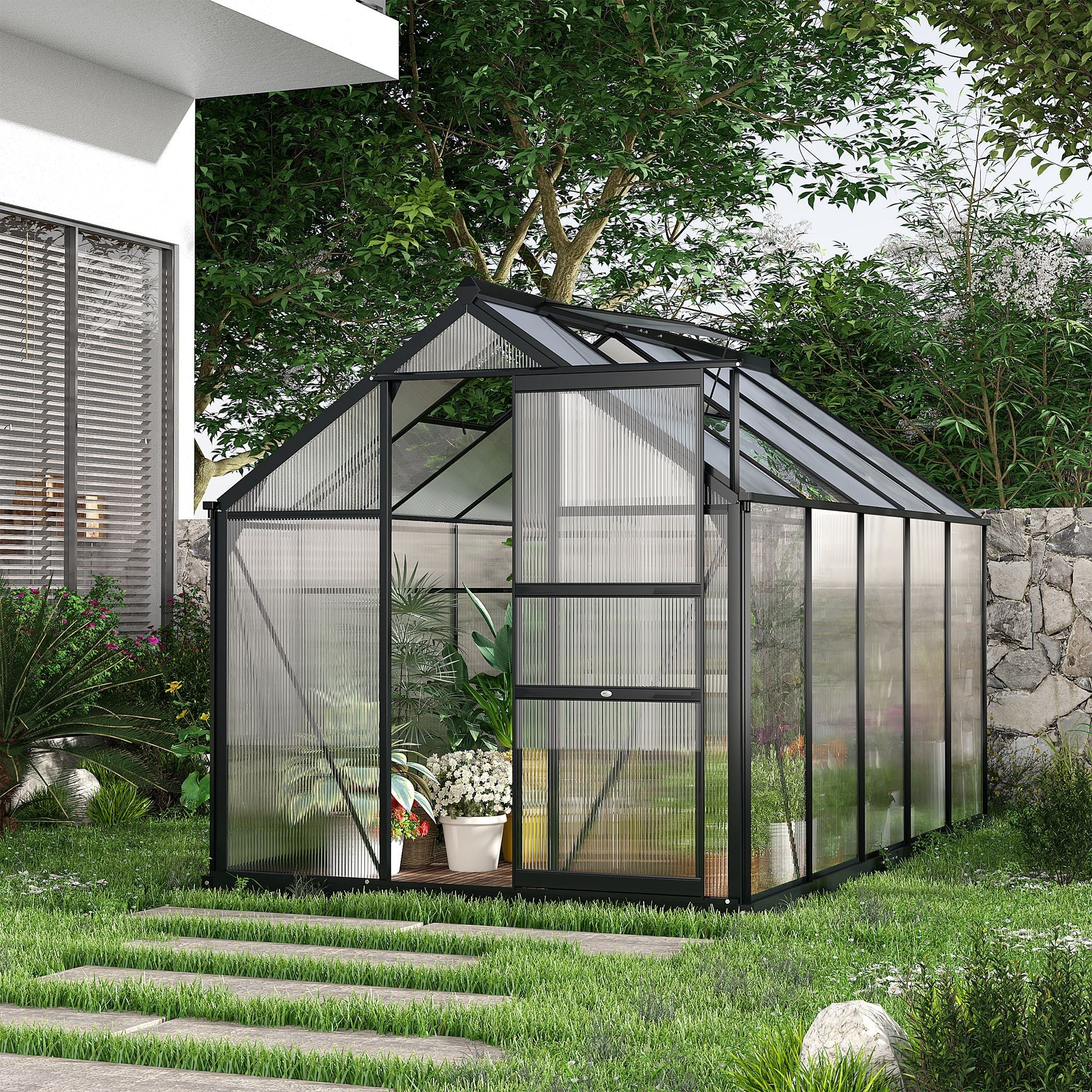 Outsunny 6' x 10' x 6.6' Polycarbonate Greenhouse, Walk-In Green House Kit Garden, Plants Grow, Galvanized Sheet Aluminum Frame with Rain Gutter, Vents and Sliding Door, Grey 
